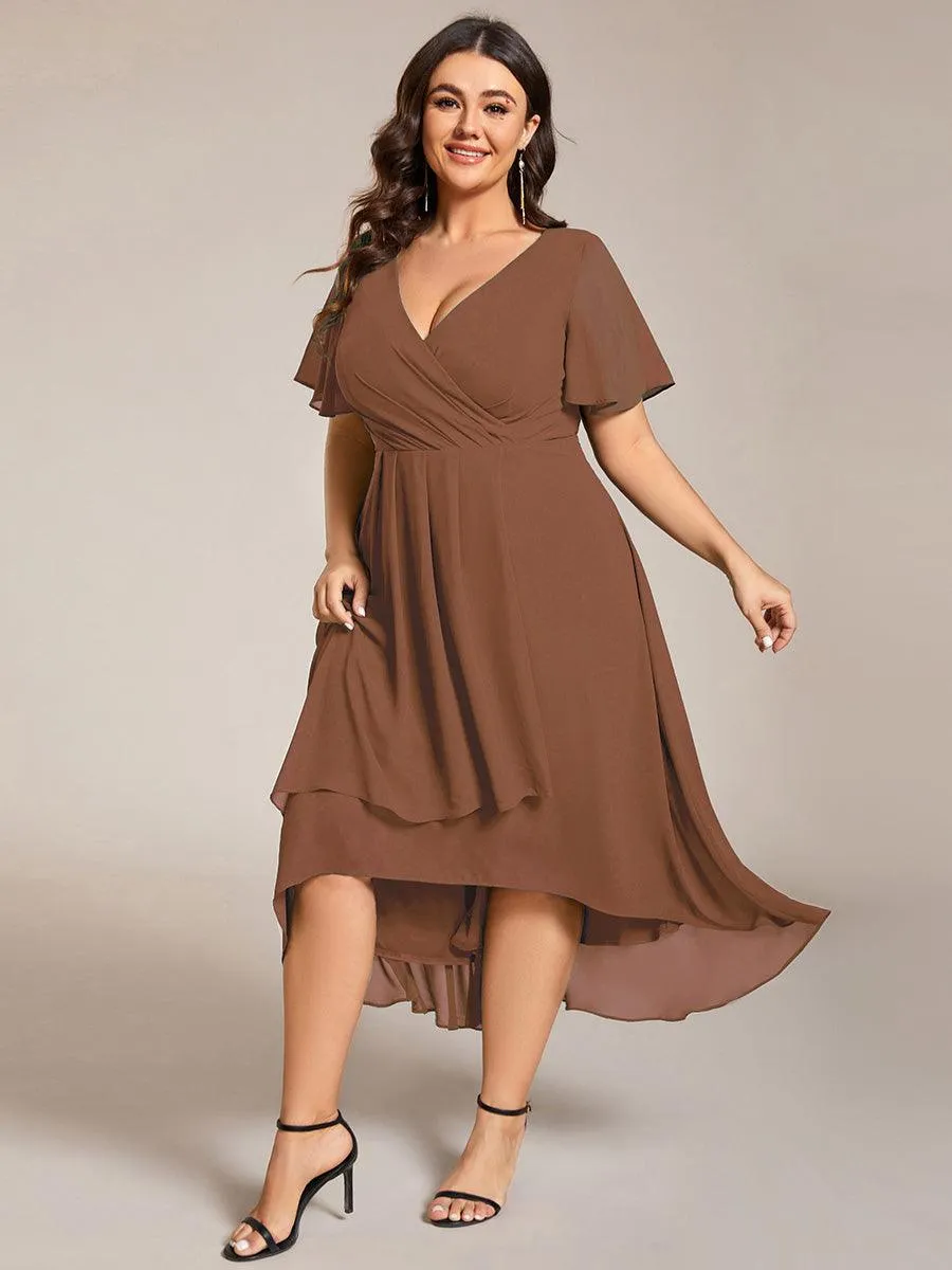 Taille personnalisée Robe Dinvite De Mariage En Mousseline De Soie Mi-Longue Plissee a Manches a Volants Et Col En V