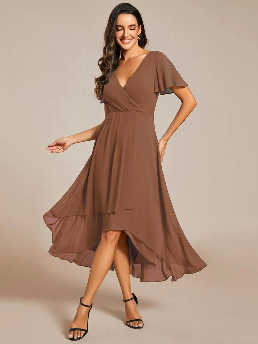Taille personnalisée Robe Dinvite De Mariage En Mousseline De Soie Mi-Longue Plissee a Manches a Volants Et Col En V