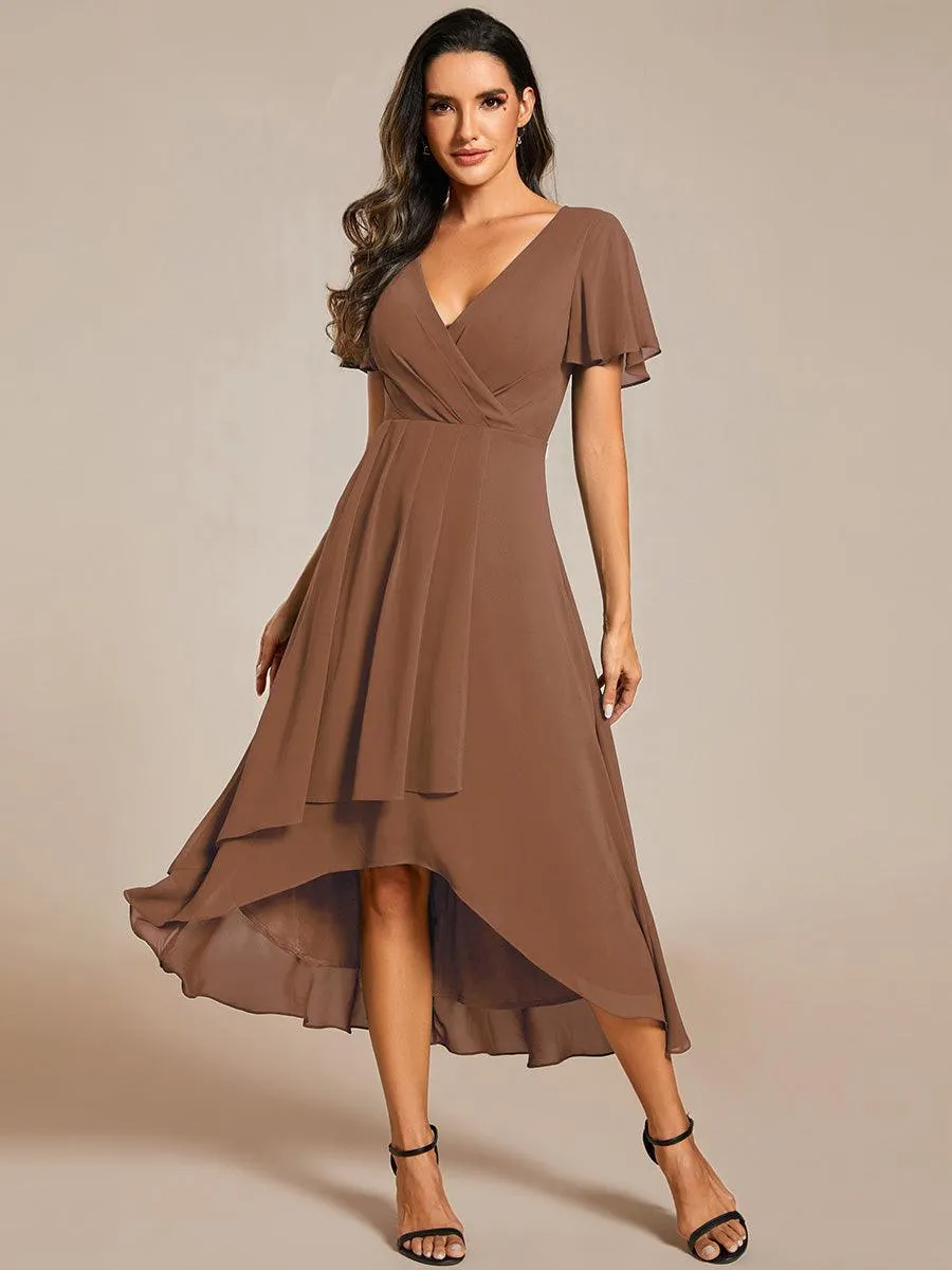 Taille personnalisée Robe Dinvite De Mariage En Mousseline De Soie Mi-Longue Plissee a Manches a Volants Et Col En V