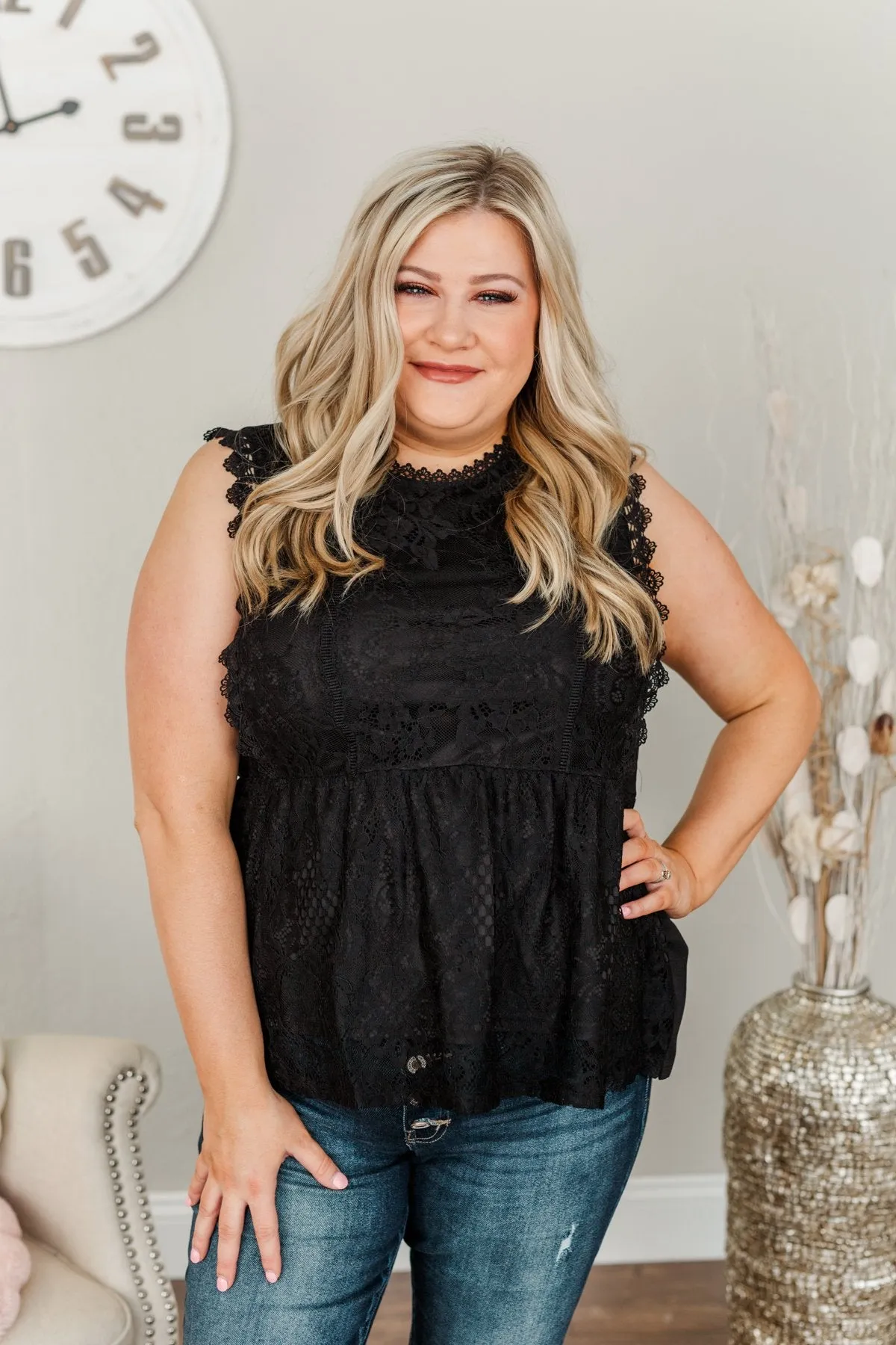 The Moment We Met Lace Sleeveless Blouse- Black