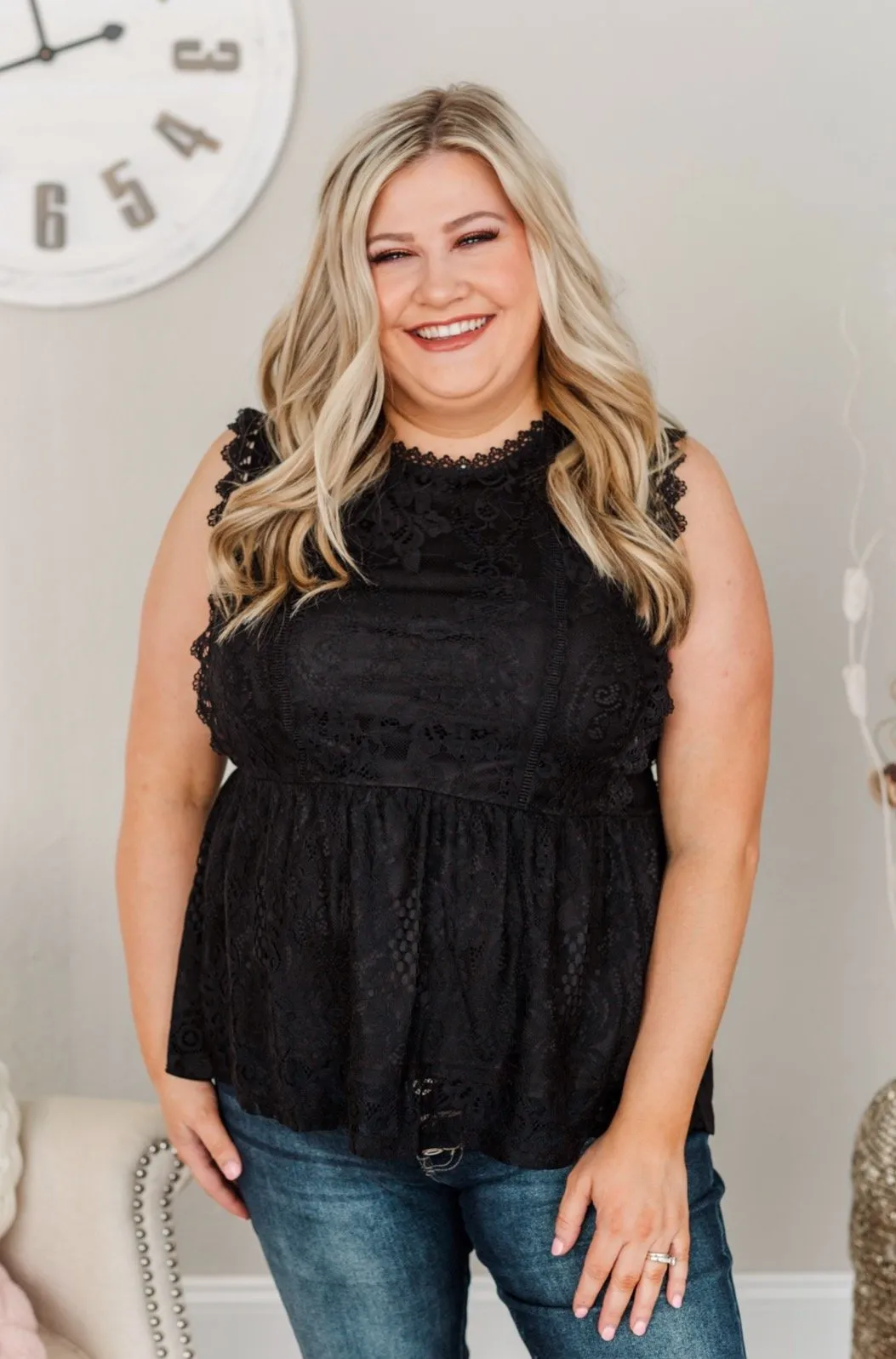 The Moment We Met Lace Sleeveless Blouse- Black