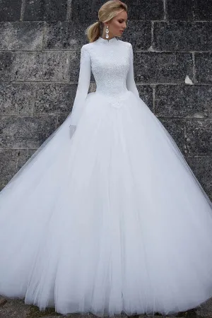 Tulle Ball Gown High Collar Long Sleeves Wedding Dresses, Wedding Gown, MW789