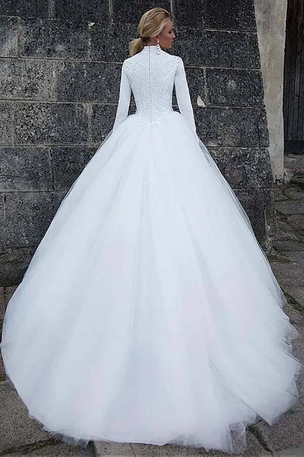 Tulle Ball Gown High Collar Long Sleeves Wedding Dresses, Wedding Gown, MW789