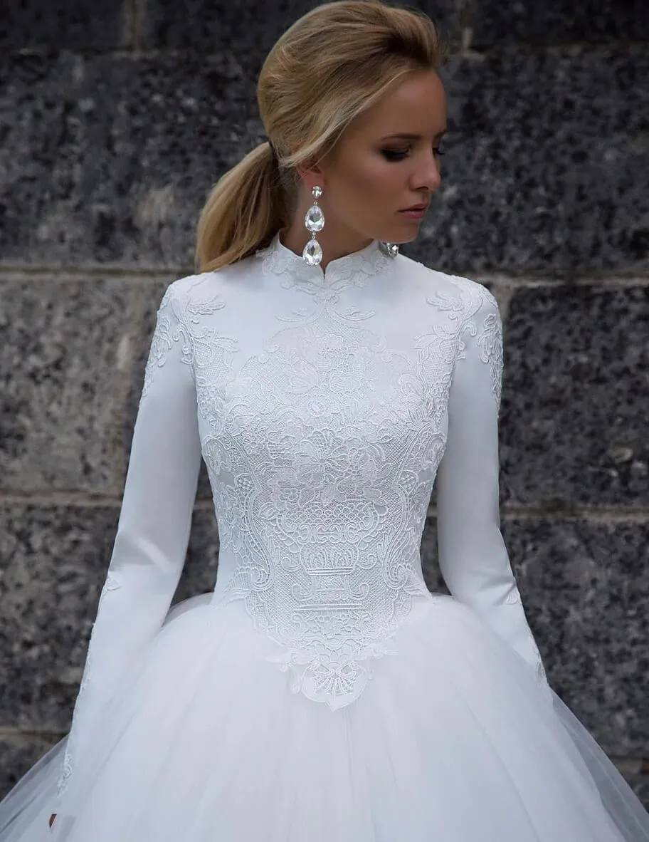 Tulle Ball Gown High Collar Long Sleeves Wedding Dresses, Wedding Gown, MW789