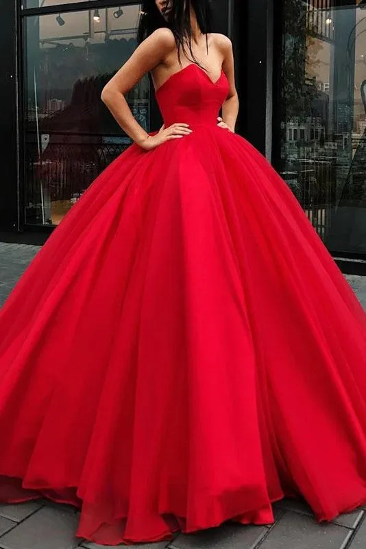 Unique Ball Gown Red Strapless Sweetheart Long Prom Dresses Quinceanera Dresses CP621
