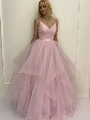 V Neck Fluffy Pink Long Prom Dresses, V Neck Pink Formal Evening Dresses, Pink Ball