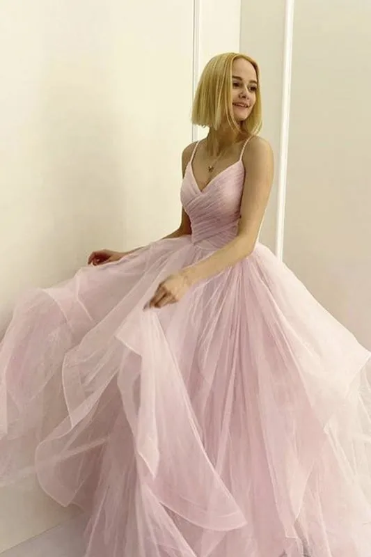V Neck Fluffy Pink Long Prom Dresses, V Neck Pink Formal Evening Dresses, Pink Ball