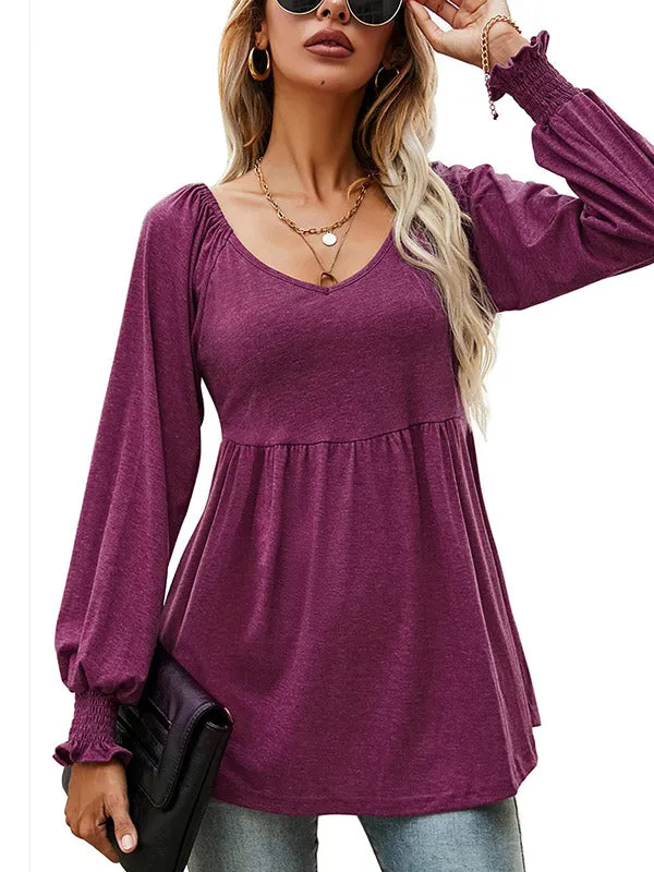 V-neck Lantern Long Sleeve Ruching Tunic Scoop Hem Top