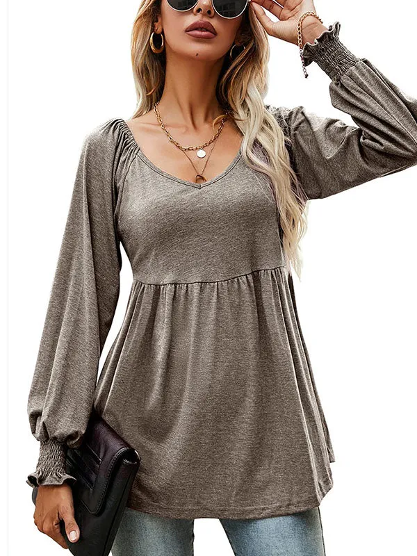 V-neck Lantern Long Sleeve Ruching Tunic Scoop Hem Top