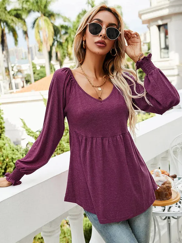 V-neck Lantern Long Sleeve Ruching Tunic Scoop Hem Top