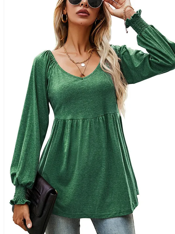 V-neck Lantern Long Sleeve Ruching Tunic Scoop Hem Top