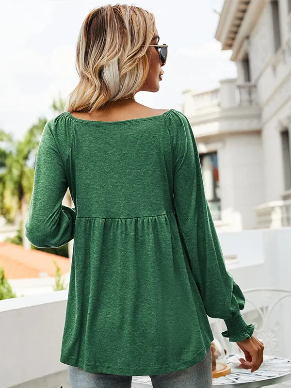 V-neck Lantern Long Sleeve Ruching Tunic Scoop Hem Top