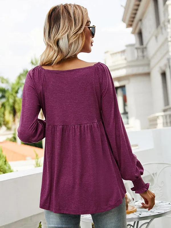 V-neck Lantern Long Sleeve Ruching Tunic Scoop Hem Top