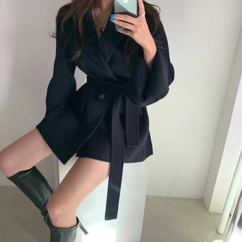 V-neck Vintage Lapel Splicing Lace-up Outerwear Mini Dresses