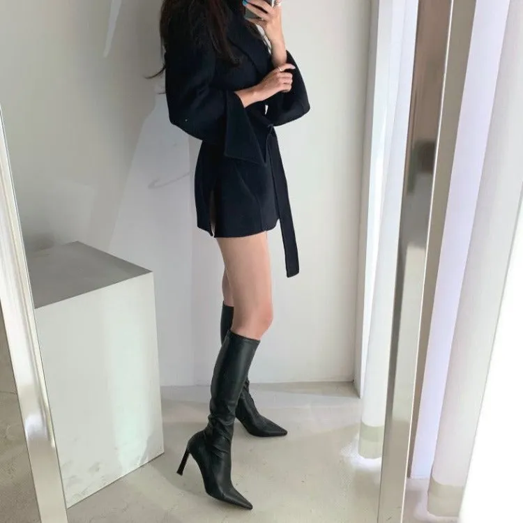 V-neck Vintage Lapel Splicing Lace-up Outerwear Mini Dresses