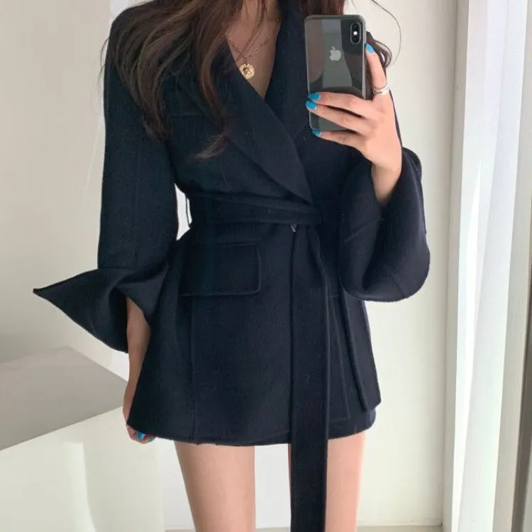 V-neck Vintage Lapel Splicing Lace-up Outerwear Mini Dresses