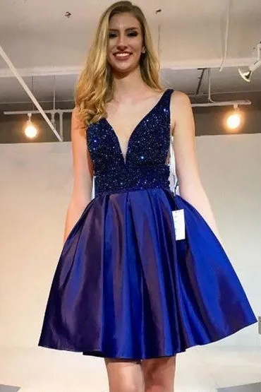 V-neckline Beads Royal Blue Homecoming Dress for Sale