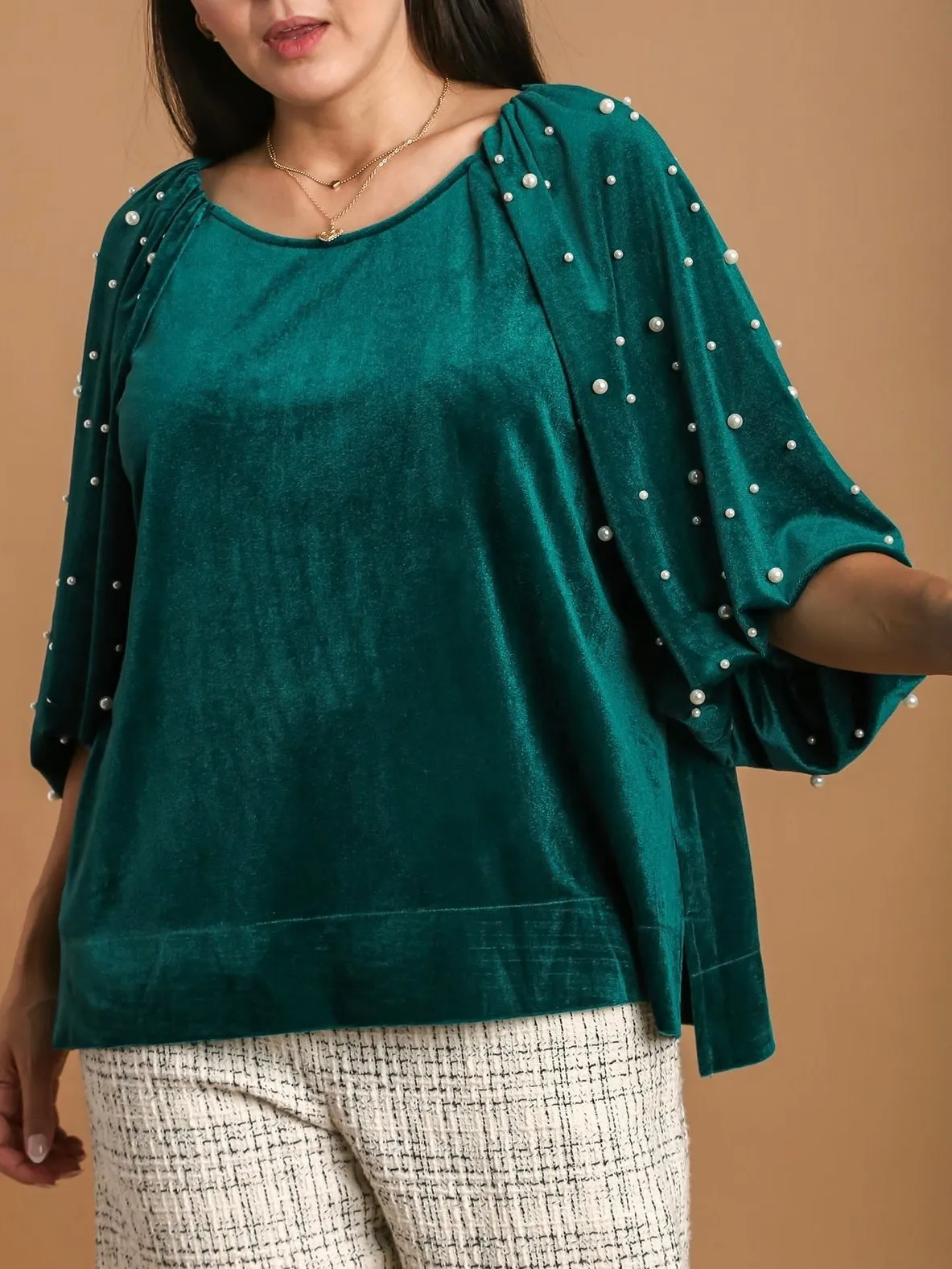 Velvet Top with Pearls - Green FINAL SALE