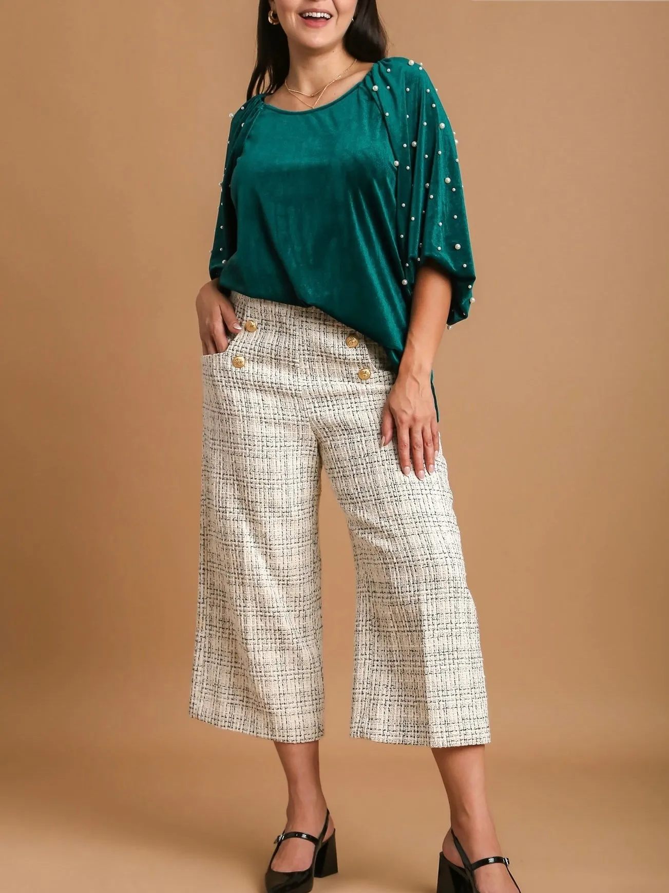 Velvet Top with Pearls - Green FINAL SALE