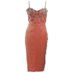 VINTAGE Circa 1960s Coral Embellished Cocktail Dress Size 2-4