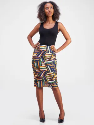 Vivo Hema Pencil Skirt - Mustard / Purple Abstract Print