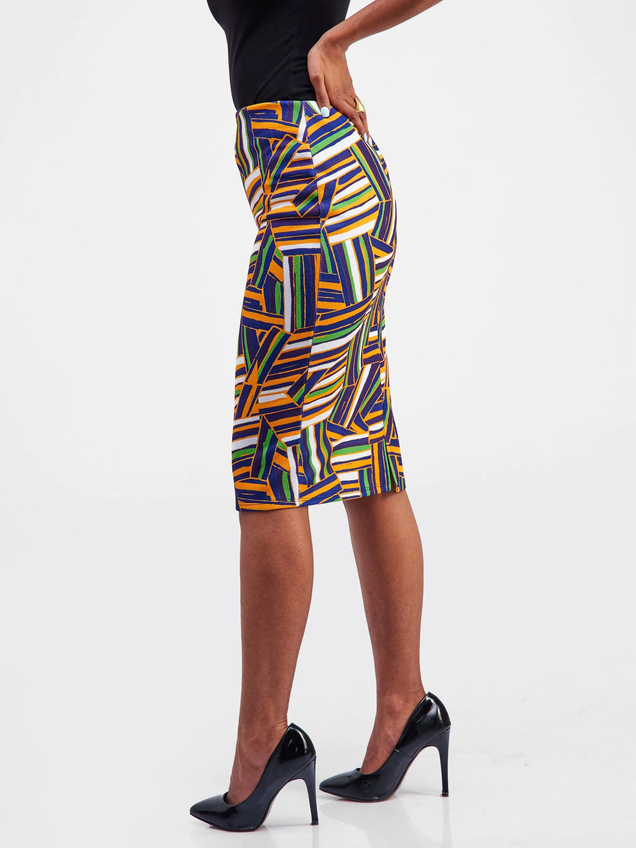 Vivo Hema Pencil Skirt - Mustard / Purple Abstract Print