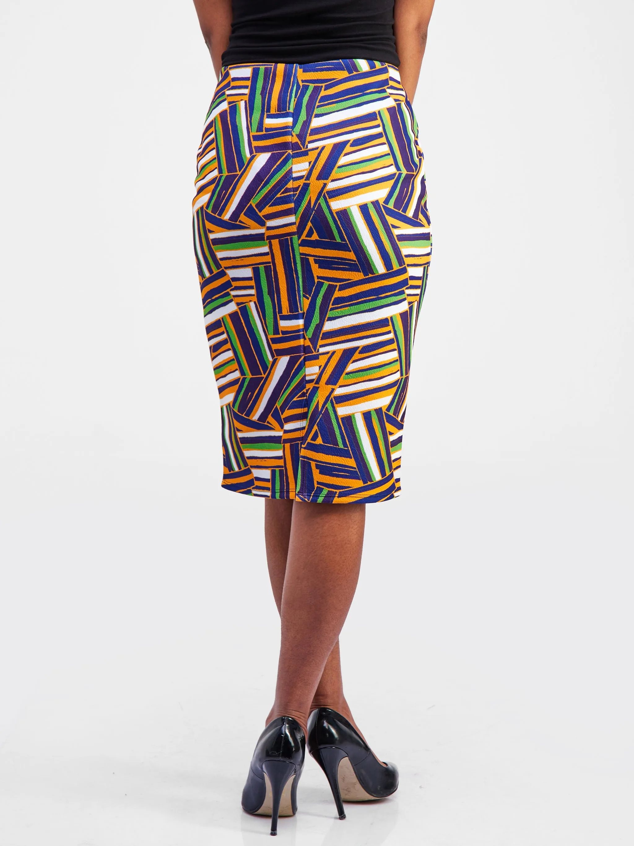 Vivo Hema Pencil Skirt - Mustard / Purple Abstract Print