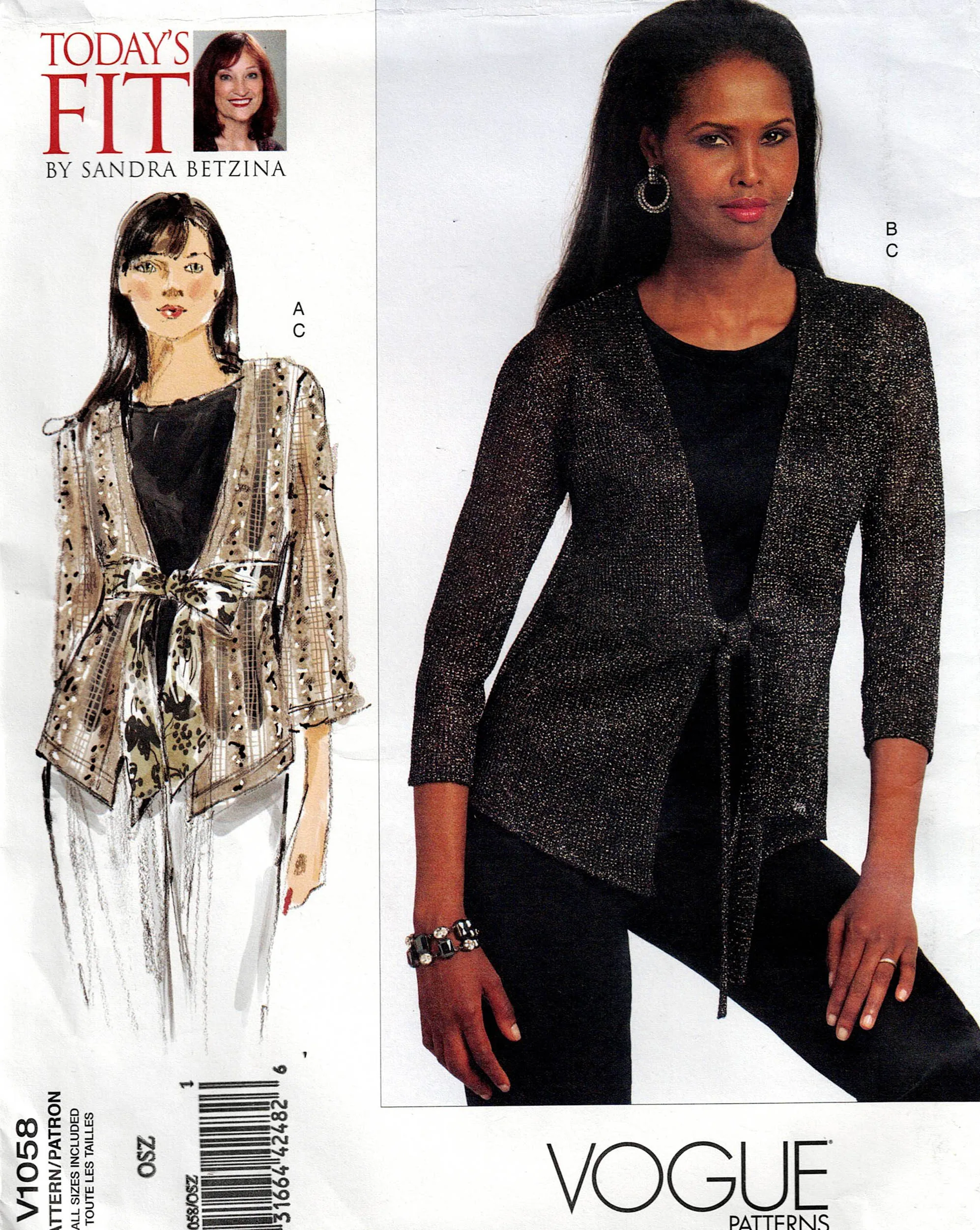 Vogue Original 1058 Today's Fit SANDRA BETZINA Womens Stretch Tie Front Jacket & Tank Top Out Of Print Sewing Pattern Bust 32 - 55 inches UNCUT Factory Folded