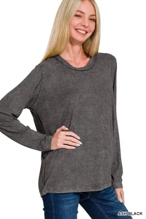 WASHED RIBBED SCOOP NECK LONG SLEEVE TOP