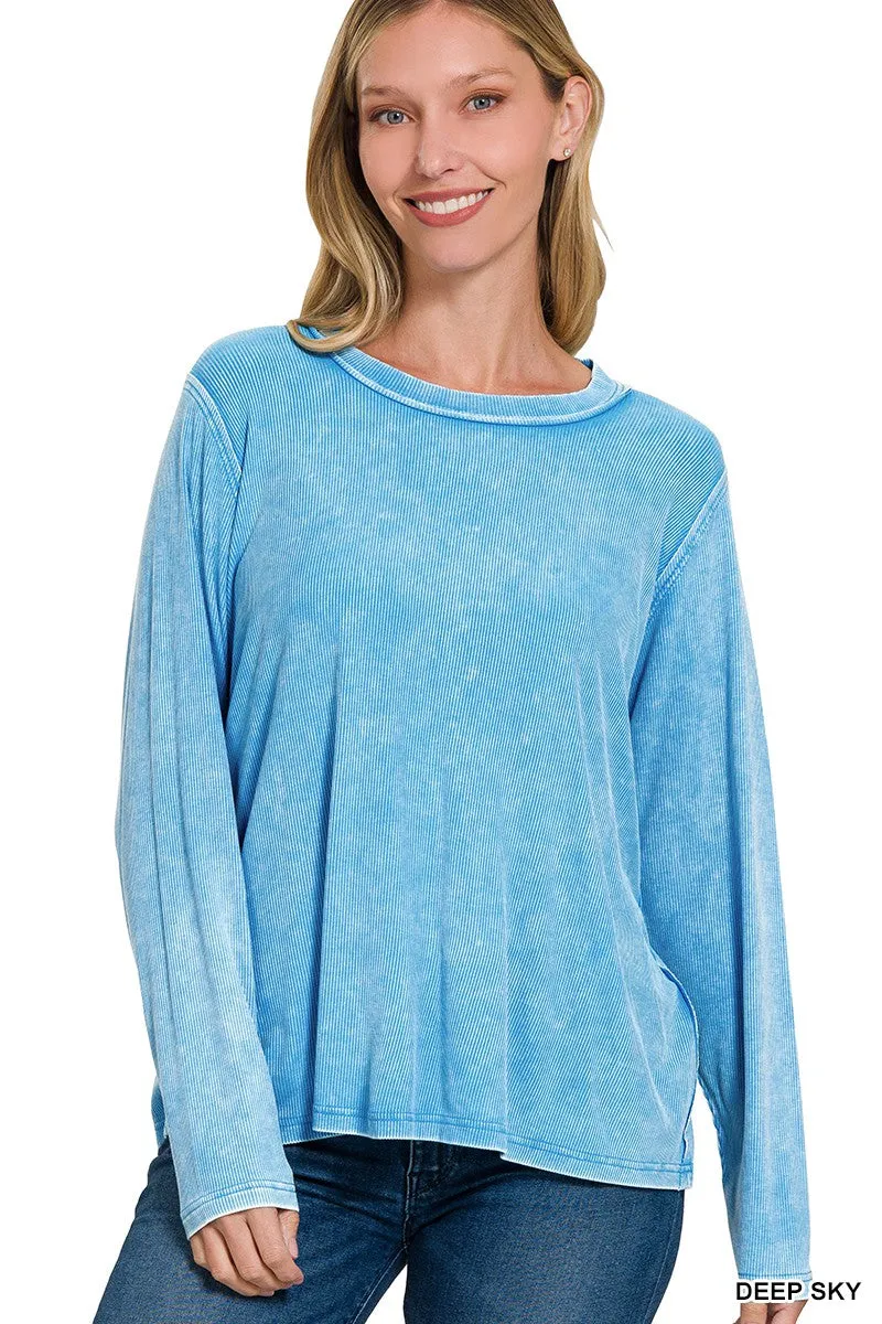 WASHED RIBBED SCOOP NECK LONG SLEEVE TOP