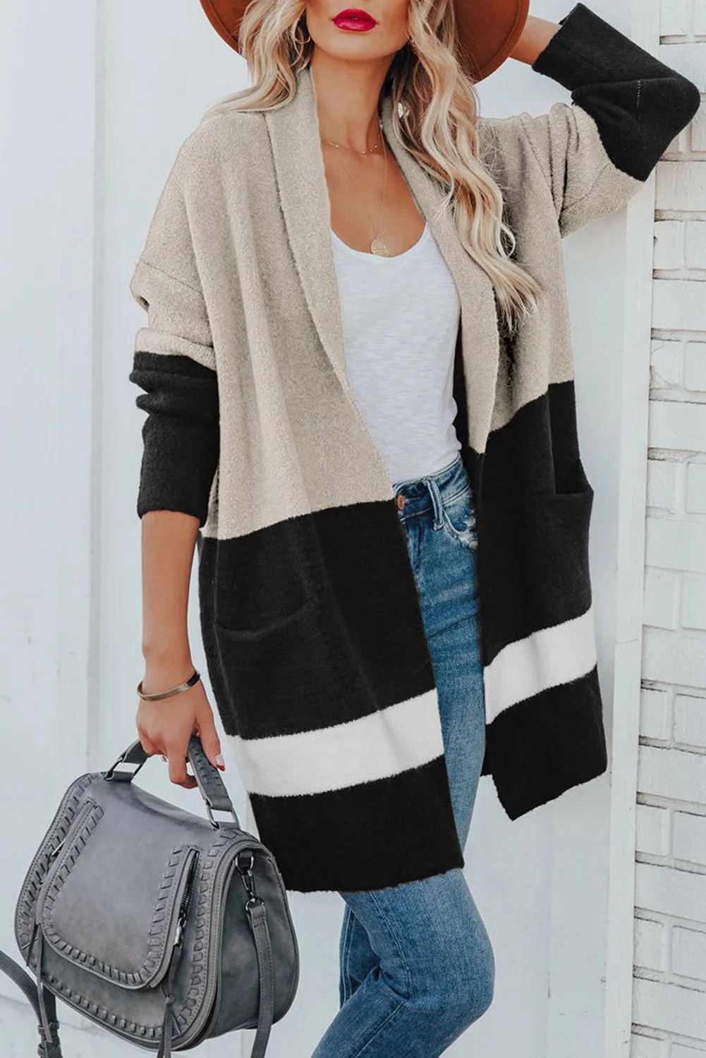 White Brown Gingerbread Latte Colorblock Pocketed Cardigan
