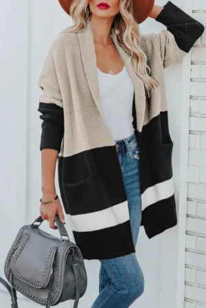 White Brown Gingerbread Latte Colorblock Pocketed Cardigan