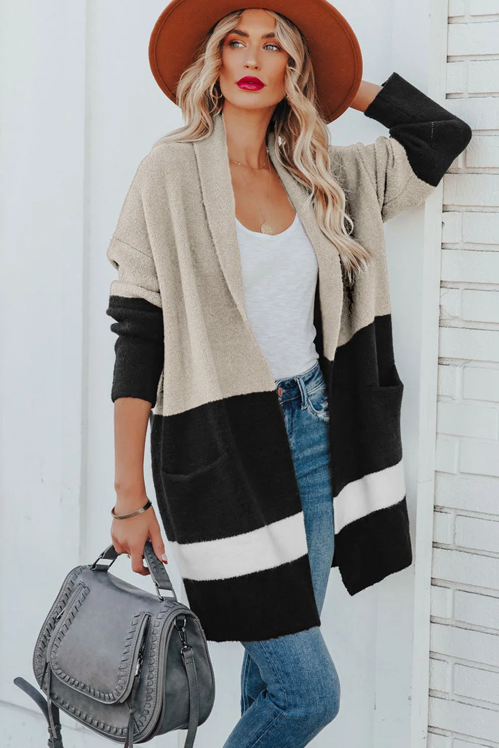 White Brown Gingerbread Latte Colorblock Pocketed Cardigan