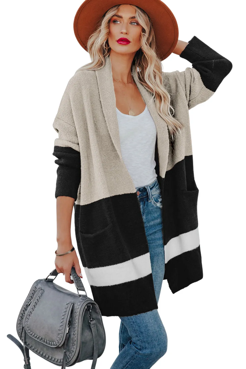 White Brown Gingerbread Latte Colorblock Pocketed Cardigan