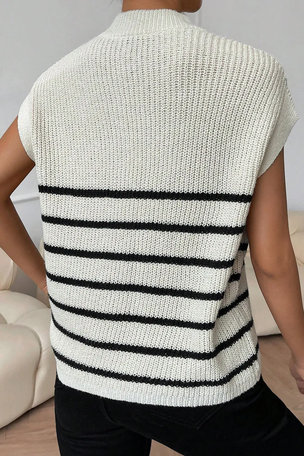 White Stripe Half Zip Split Neck Sweater Vest