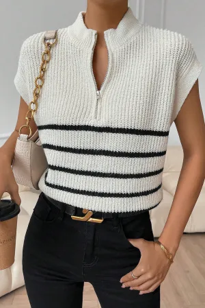 White Stripe Half Zip Split Neck Sweater Vest