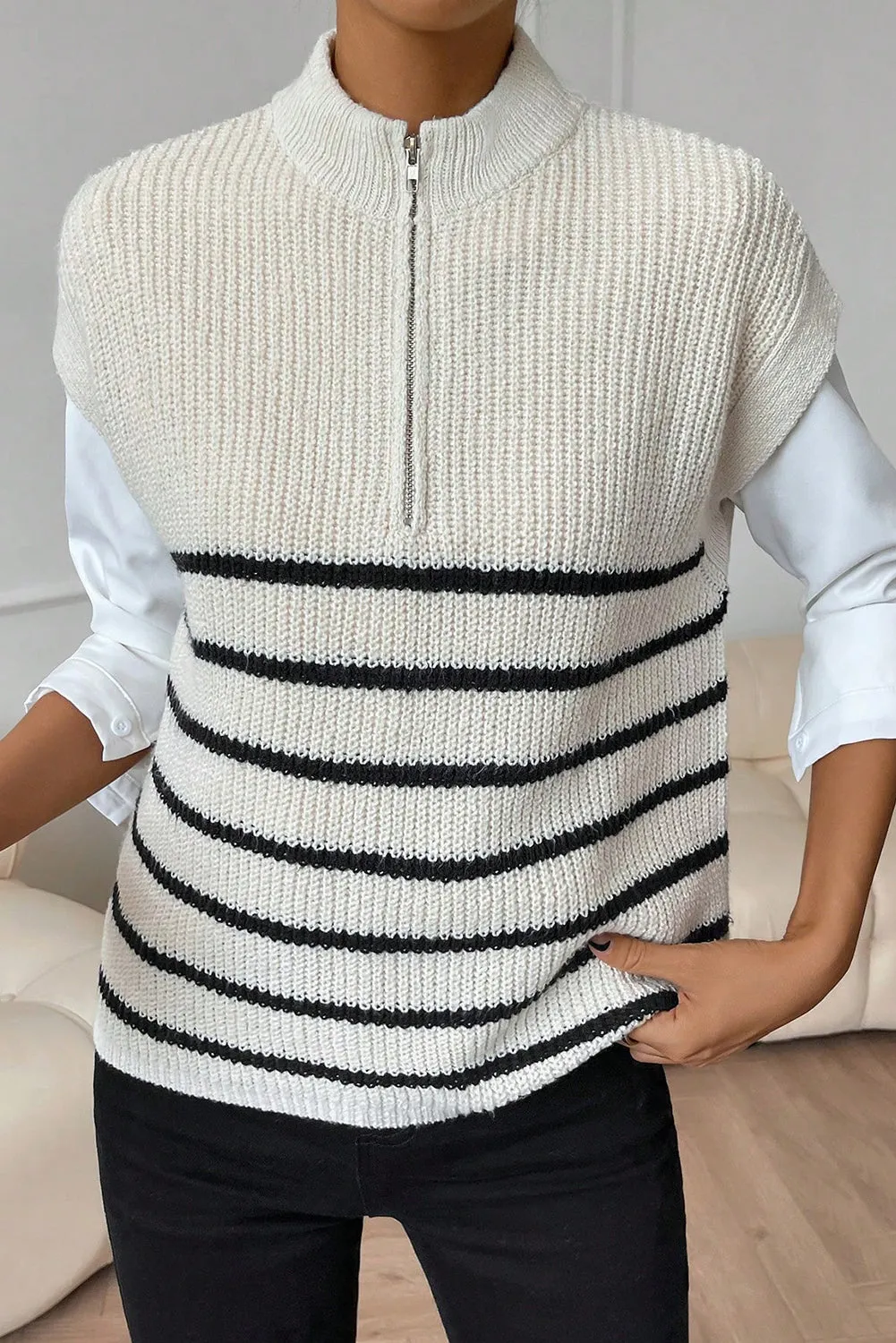 White Stripe Half Zip Split Neck Sweater Vest