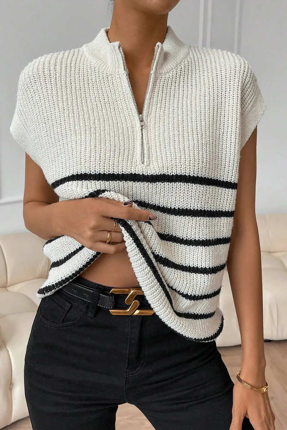 White Stripe Half Zip Split Neck Sweater Vest