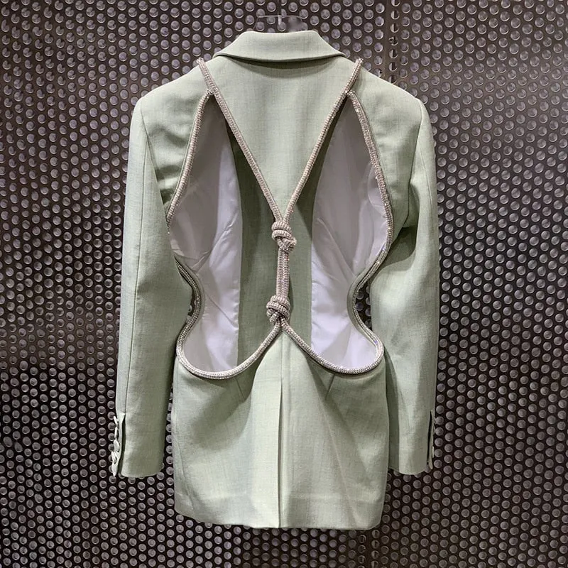 Women Notched Long Sleeve Backless Hollow Out Casual Coat