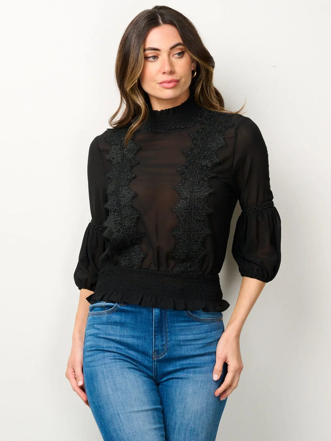 WOMEN'S 3/4 SLEEVES TURTLE NECK DETAILED BLOUSE TOP