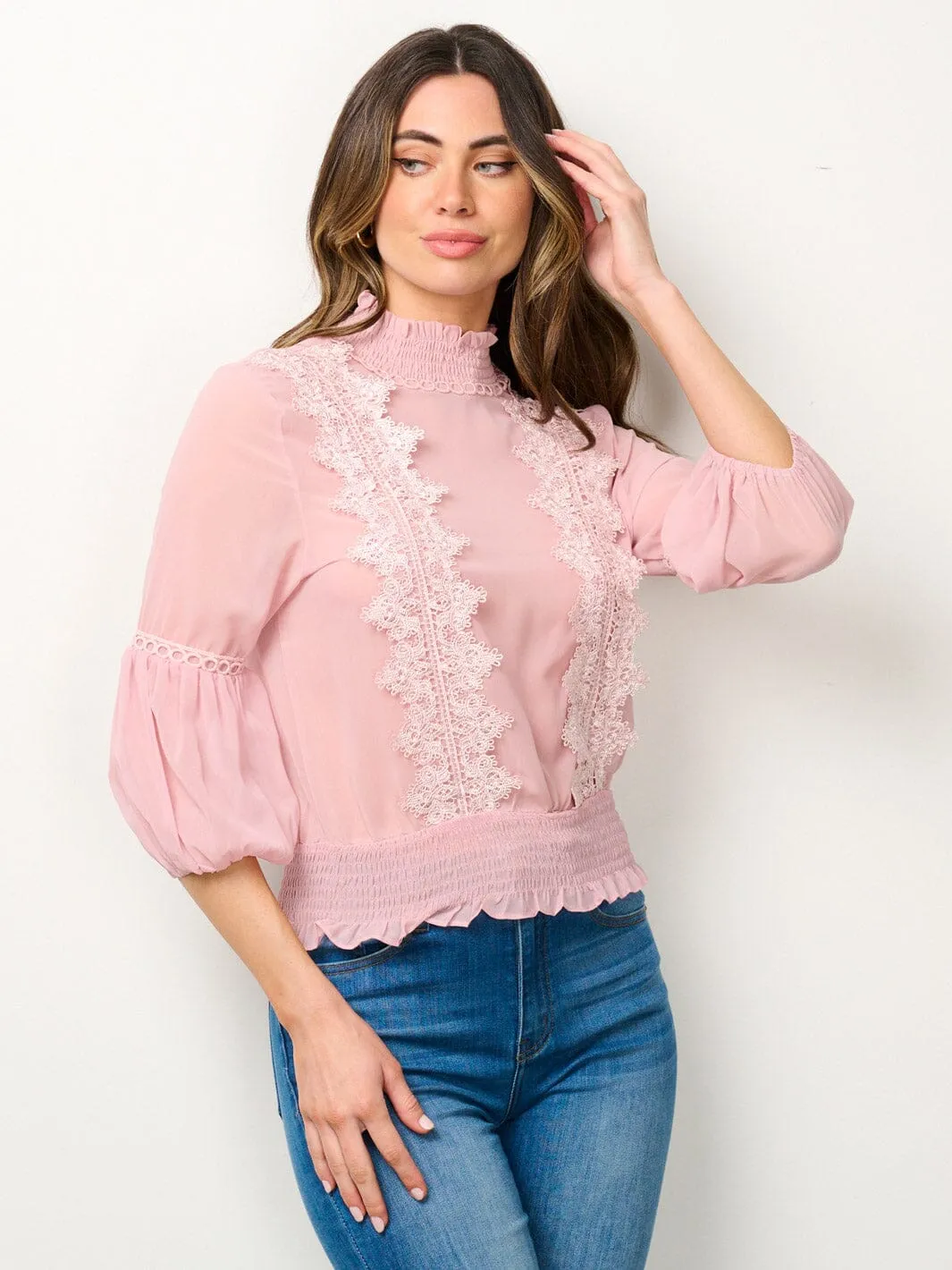 WOMEN'S 3/4 SLEEVES TURTLE NECK DETAILED BLOUSE TOP