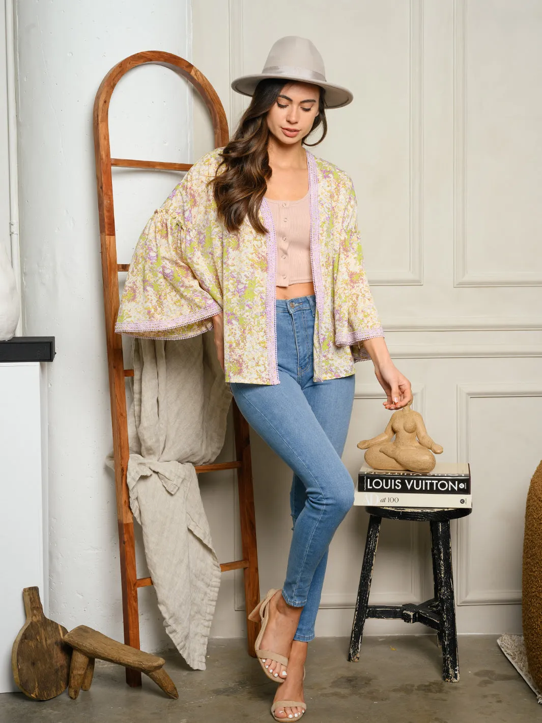WOMEN'S BELL SLEEVE OPEN FLORAL CARDIGAN