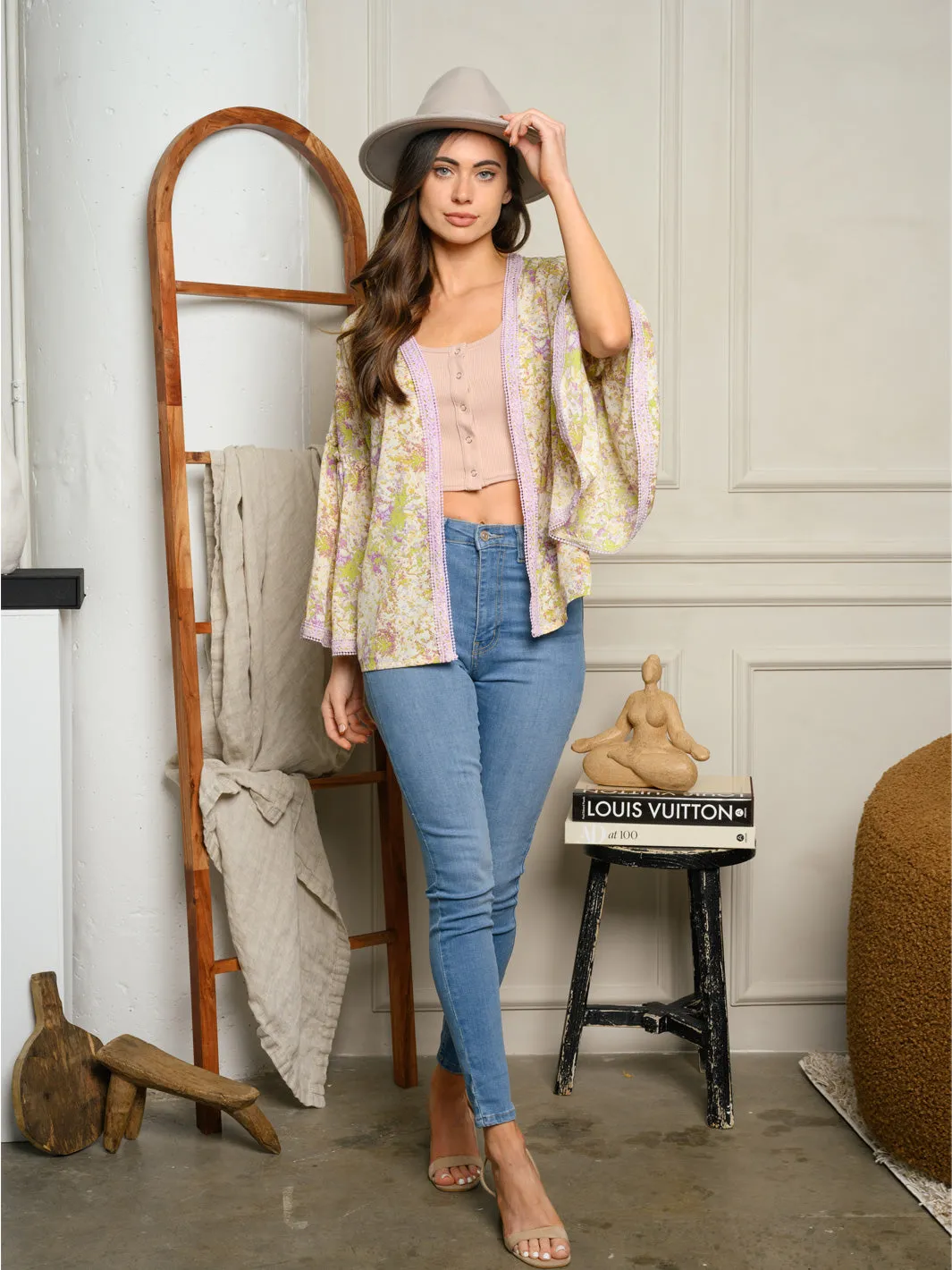 WOMEN'S BELL SLEEVE OPEN FLORAL CARDIGAN
