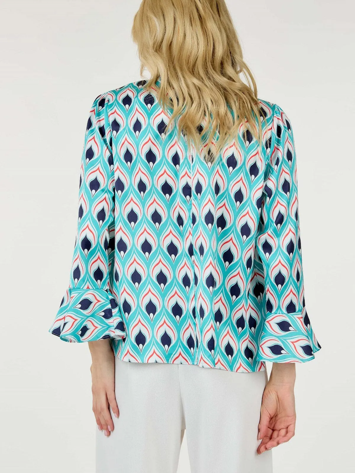 WOMEN'S LONG BELL SLEEVE TURTLE NECK MULTI PRINT BLOUSE TOP
