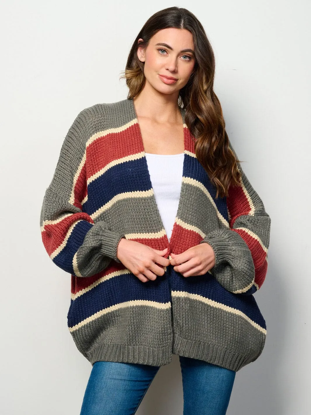WOMEN'S LONG PUFF SLEEVE OPEN FRONT COLORBLOCK CARDIGAN