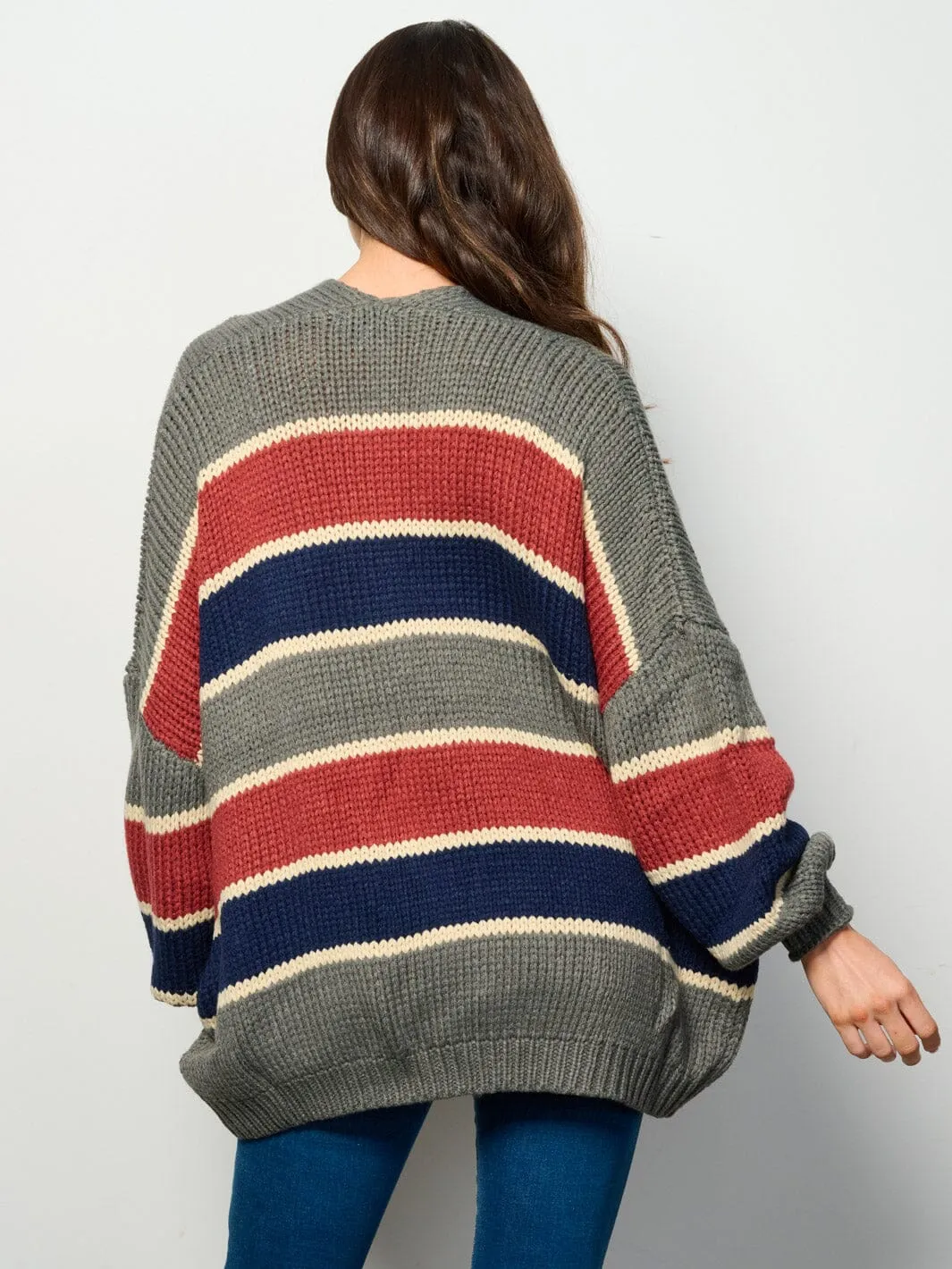 WOMEN'S LONG PUFF SLEEVE OPEN FRONT COLORBLOCK CARDIGAN