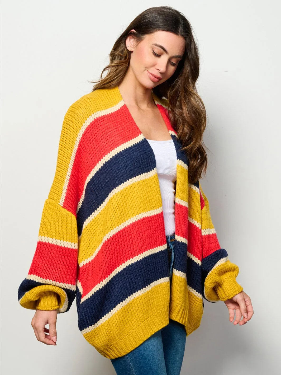 WOMEN'S LONG PUFF SLEEVE OPEN FRONT COLORBLOCK CARDIGAN
