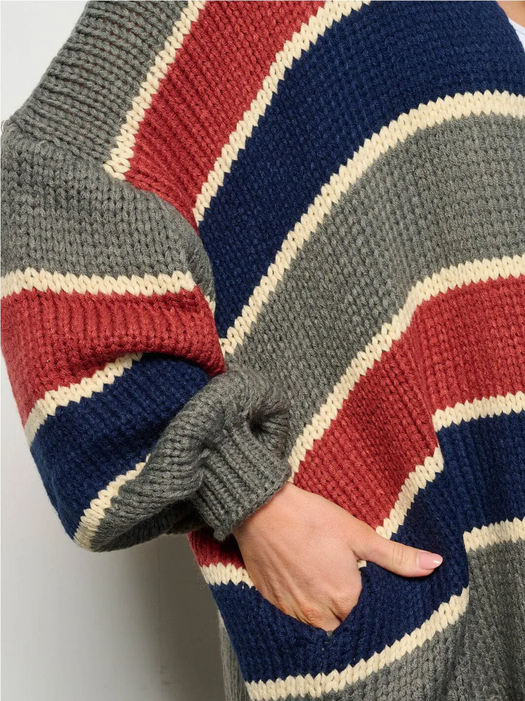 WOMEN'S LONG PUFF SLEEVE OPEN FRONT COLORBLOCK CARDIGAN
