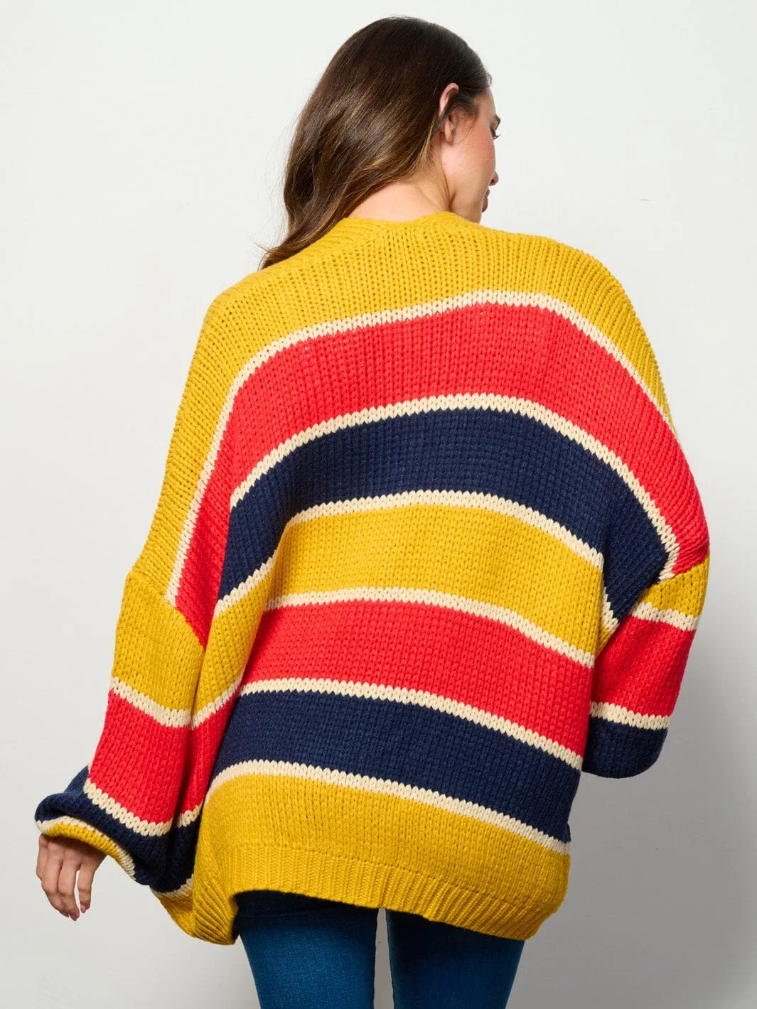 WOMEN'S LONG PUFF SLEEVE OPEN FRONT COLORBLOCK CARDIGAN