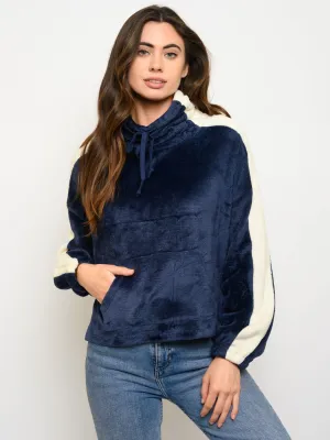 WOMEN'S LONG SLEEVE COLOR BLOCK FUZZY SWEATER